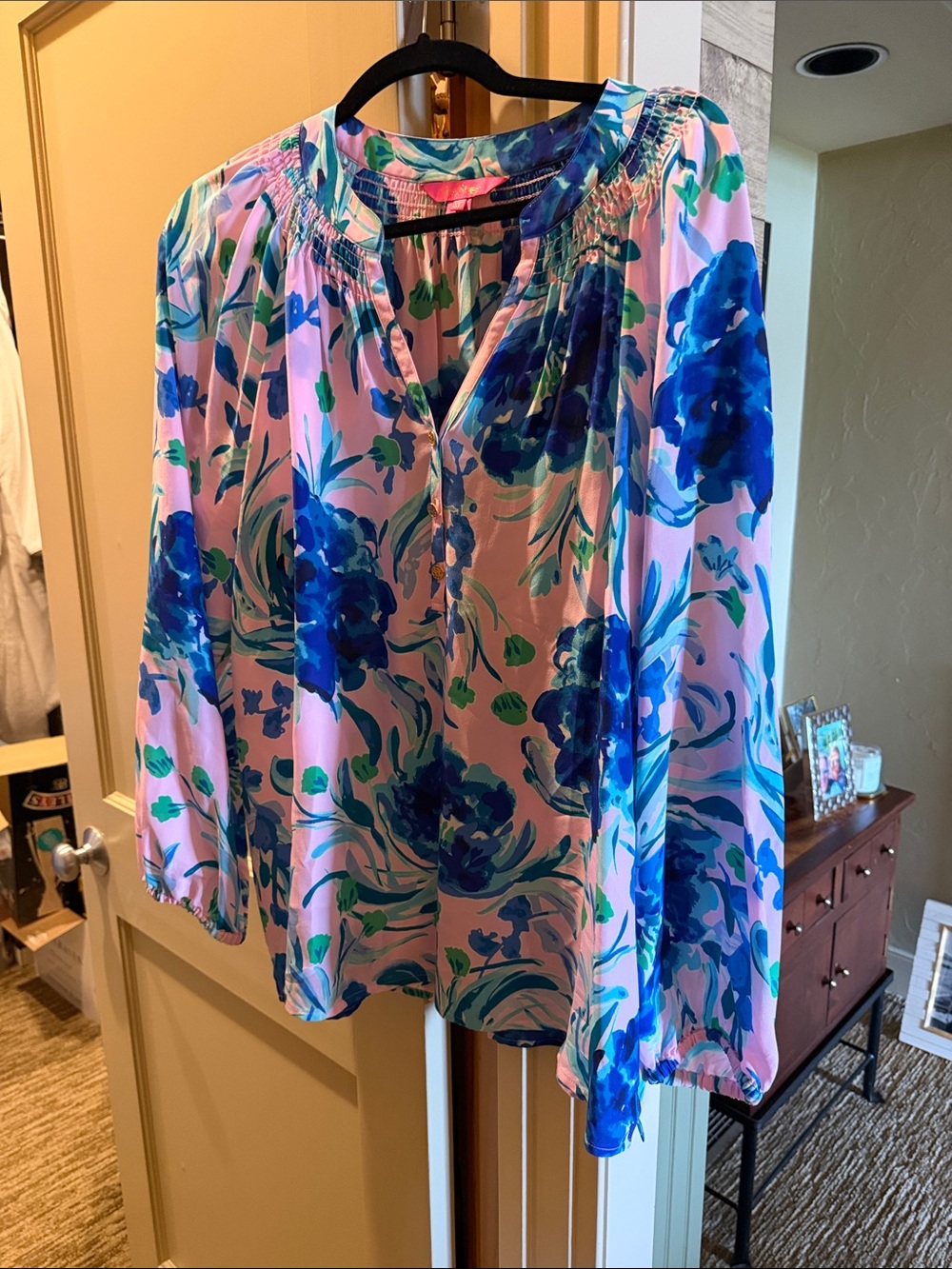 Lilly Pulitzer Pink Floral Blouse with Blue and Green Accents